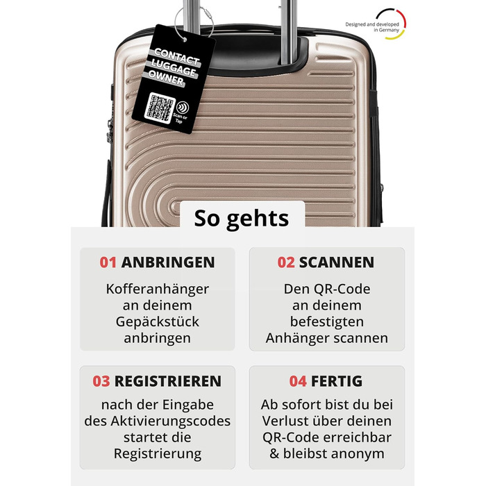 Набір валіз Hauptstadtkoffer Mitte 3шт + цифровий багажний тег - валізи-ролери 55/68/77 см + брелок з QR-кодом, 4 подвійні колеса, жорсткий корпус ABS, XL-розширення об'єму, TSA, (шампань, 55 см)