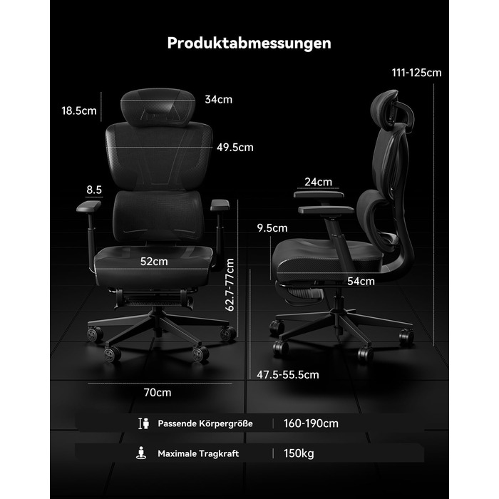 Офісне крісло AutoFull G4: ергономічне, з регульованою поперековою підтримкою та підлокітниками, 140° нахил, для дому та офісу, чорний | Крісло для комп'ютера, 150 кг