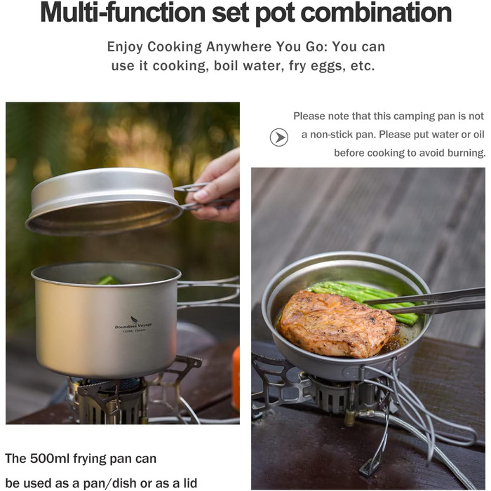 Набір кухонного посуду iBasingo Titan Topf Pfanne Set 1200мл & 500мл: каструля, сковорода, миска для кемпінгу, туризму, приготування їжі на природі. Легкий набір з 2 шт. з розкладним ручками. Ідеально для 1 особи. Ti2110C