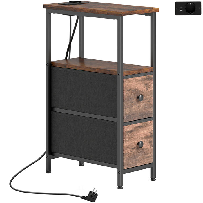 Журнальний столик-приліжний столик з підзарядною станцією, сталевий каркас, 2 висувні ящики з тканиною, відкритий відсік, розміри 20x40x63 см, колір: рустикальний коричневий.