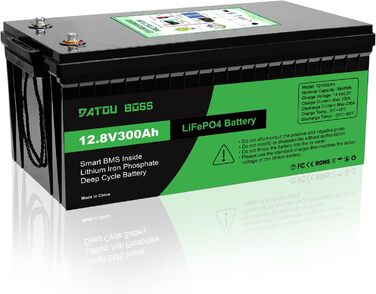 Акумулятор DATOUBOSS 12V 300Ah LiFePO4, 3840 Втгод, 200 А BMS, 4500-15000 циклів, послідовно/паралельно, для автофургонів/сонячних/морських