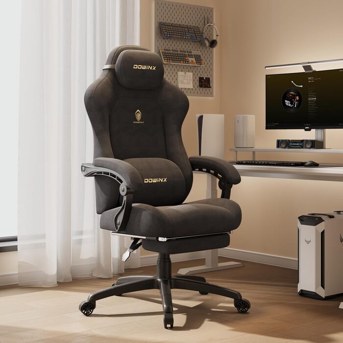 Ігрове крісло Dowinx з масажем попереку, регульованою підголівником, потовщеним сидінням, висувною підніжкою, регульованими підлокітниками, мікрофібровим велюром, нахилом 160°, темно-сіре
