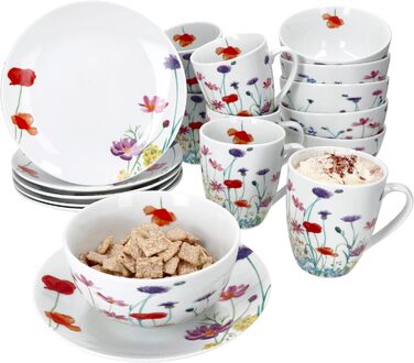 Набір посуду MamboCat Marie 18 предметів для сніданку (6 персон) | Фарфор з квітковим декором | 6 тарілок, 6 кавових чашок 320мл, 6 глибоких тарілок 400мл