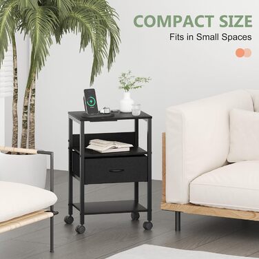 Нічний столик з бездротовою зарядкою, 2 розетки AC та 2 USB, з шухлядою, на колесах, чорний, білий