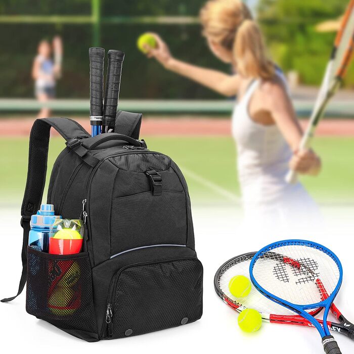 Тенісний рюкзак DSLEAF на 2 ракетки, Тенісна сумка з окремим провітрюваним місцем для взуття для ракеток для тенісу / піклболу / бадмінтону / сквошу та аксесуарів (чорний)