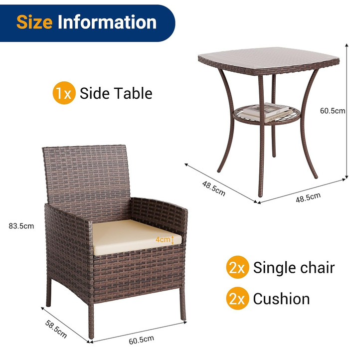 Набір меблів для саду UDPATIO Lounge: стіл та 2 стільці з поліротангу для балкона/тераси (колір: коричневий, 3-х частинний)