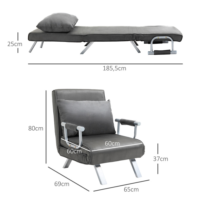 HOMCOM Диван-ліжко 3-в-1 Крісло-ліжко Гостьове ліжко Розкладний матрац Chaise Longue 65x69x80см Штучна Шкіра Сірий