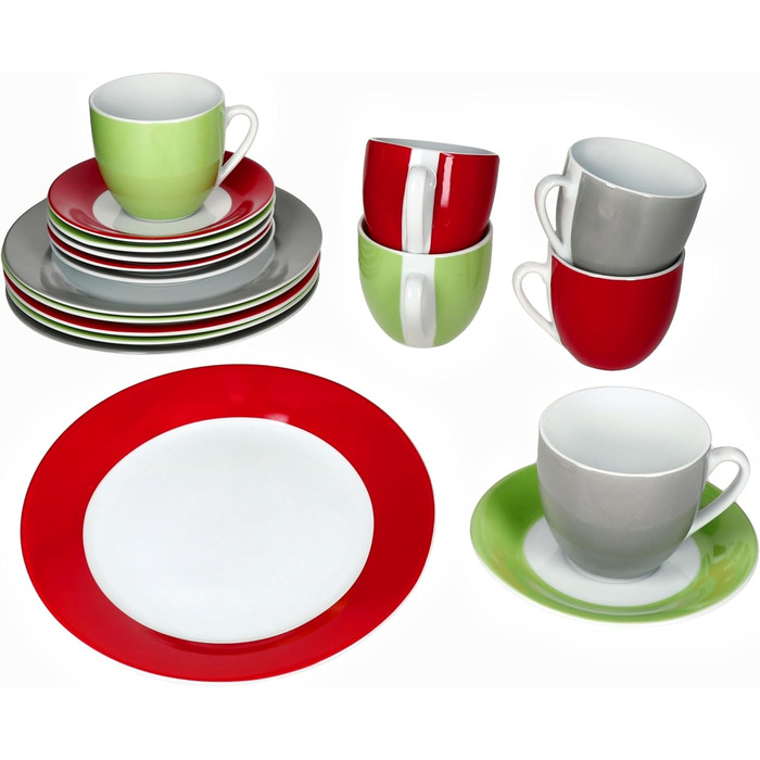 MamboCat Кавовий сервіс Trio 18 предметів: кавовий набір з 6 чашок, блюдець та тарілок (зелений, червоний, сірий)