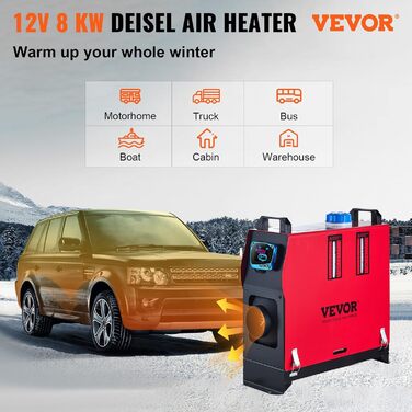 Електрична дизельна пічка опалення VEVOR 12V, 8kW, для авто, RV, човнів, вантажівок, будинків на колесах, автобусів, з вихлопним патрубком (1 вихід)