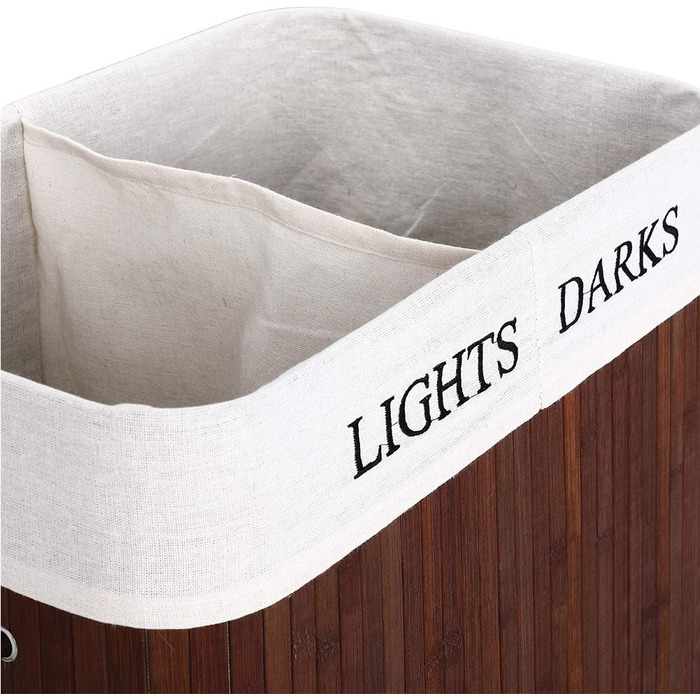 Кошик для білизни Bakaji з двома відділеннями для сортування світлого та темного одягу, бамбук та тканина, складний, з кришкою та ручками