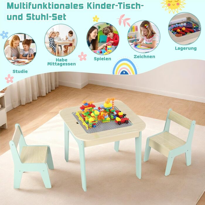 Дитячий стіл і стільці Clevich: комплект для дитячої кімнати з місцем для зберігання, 2 стільці, двосторонній стіл для малювання та будівельна пластина, зелений