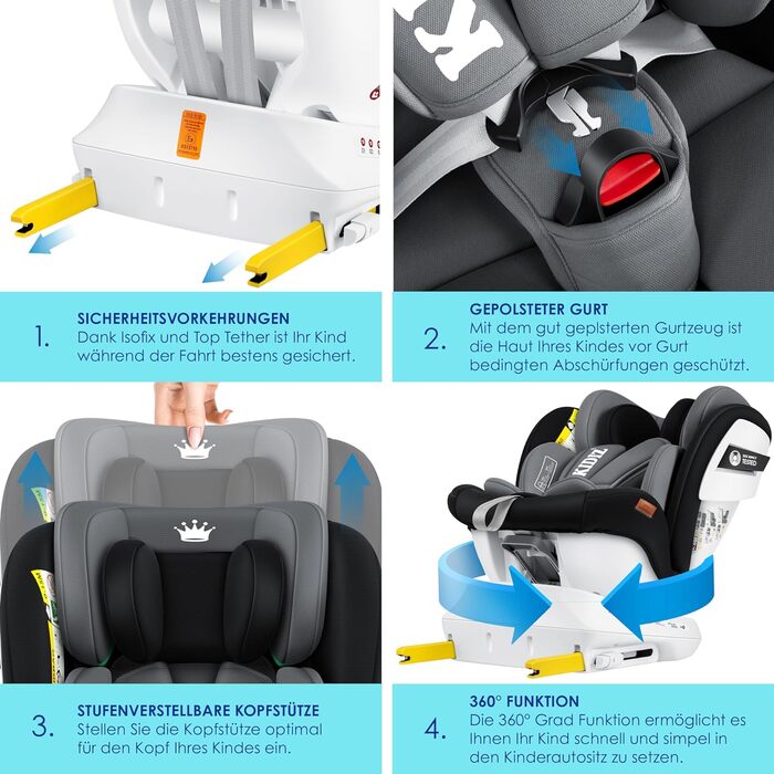 Автокрісло KIDIZ® i-Size ECE R129 для дітей 0-12 років (0-36 кг), 360° обертання, Isofix, Top Tether, 5-точкові ремені, з сонцезахистом, чорне