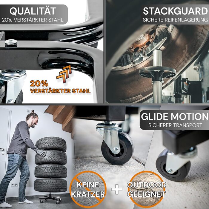 Преміум-підставка для шин на колесах (295 мм, 150 кг) - 4 шини. Чорна, мобільна, для зберігання шин