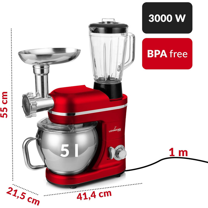 Кухонна машина Lehmann 3-в-1: міксер, м'ясорубка, соковитискач, 3000W, з планетарним міксуванням, комплект для ковбас, для мафінів та випічки, червона
