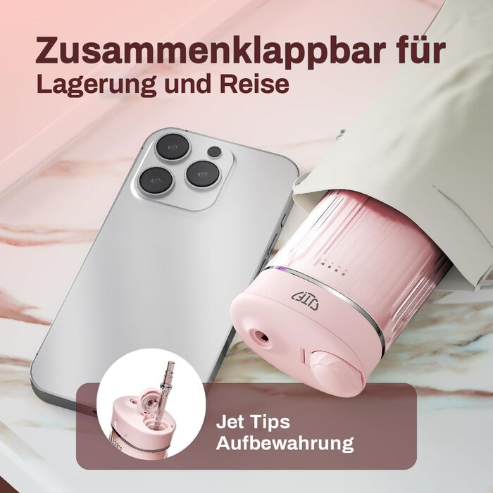 Портативний електричний іригатор для порожнини рота JTF Mini, бездротовий, для подорожей, з 5 насадками, 4 режими, 230 мл, водонепроникний (IPX7), рожевий