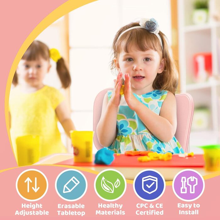 Дитячий стіл та стільці FUNLIO, регульовані по висоті, для дітей 3-8 років, рожеві, 3 шт. - 59.7 см x 59.7 см