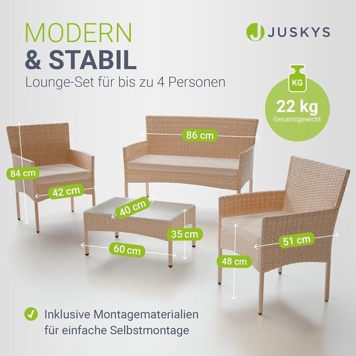 Садовий набір меблів Juskys Fort Myers з ротангу (кремовий) на 4 особи: диван, 2 крісла, стіл, подушки - вуличні меблі для балкона та саду