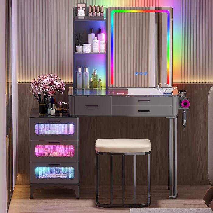 Туалетний столик Gurexl LED з дзеркалом, RGB, табурет, 6 висувних ящиків, підставка для фена, USB-C, сірий