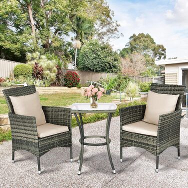 Набір садових меблів GIANTEX для балкона: стіл та 2 стільці з ротангу, комплект на 2 особи, з подушками (бежевий)