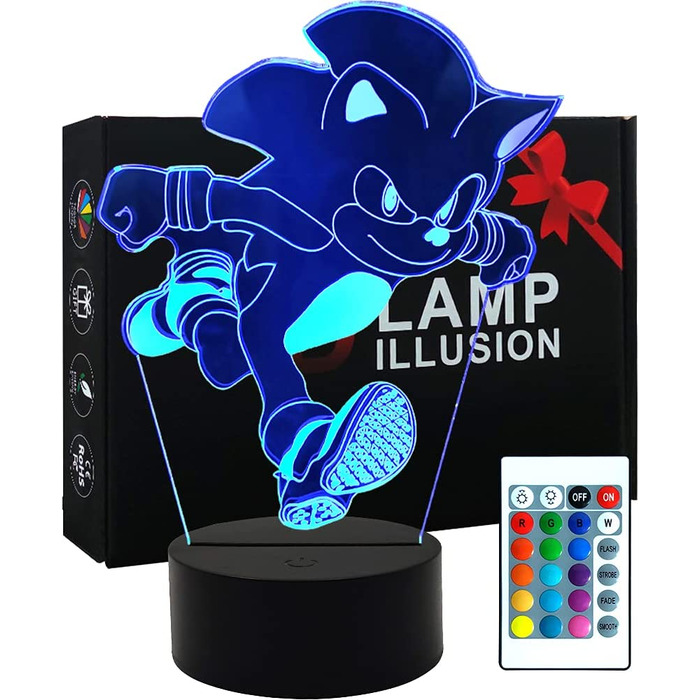 Іграшка Sonic Hedgehog 3D нічник Світлодіодна лампа-ілюзія-16 колірних варіацій / 1 пульт дистанційного керування / 1 чорна підставка/ - Декор спальні креативні подарунки для дітей чоловіки шанувальники Соника (Hedgehog run)