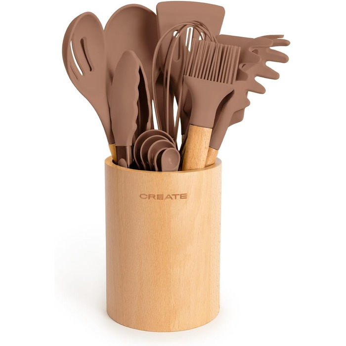 Набір кухонних аксесуарів 11 предметів, кремово-білий, силікон та бука, BPA-free, стійкий до 230°C