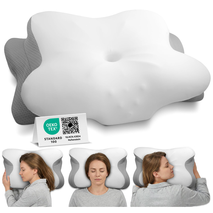 Ортопедична подушка для шиї при болях у шиї з високоякісної піни з пам'яті - Ергономічна подушка для шиї - Подушка для тих, хто спить на боці, спині та животі - Прати при 40°C, 61 x 40 x 12 см, Біла