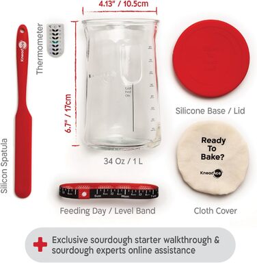 Набір для закваски KneadAce: банка 680.4 г, 2 корзини для вистоювання Banneton, лама для надрізання хліба, подарунок для пекаря. Комплект для випікання заквасового хліба (680.4 г, 2 корзини, червона лама)