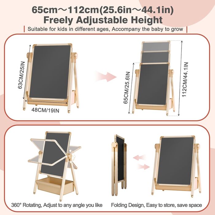 Дитяча мольберт Kinderstaffelei з двома сторонами, металева конструкція, регульована висота, обертається на 360°, дошка для малювання та письма з літерами та цифрами (жовтий)