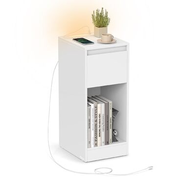 Приліжкова тумбочка VASAGLE з LED-підсвічуванням, USB-A та USB-C, з шухлядою та відкритим відсіком, для спальні/вітальні, білий колір LET610W01