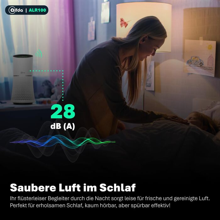 Повітряочищувач HEPA alfda ALR100 з 4-в-1 фільтром, іонізатором, 150 м³/год, до 20 м², тихий режим SLEEP, 28 дБ (A), нічне світло, енергоефективний DC-двигун, таймер, індикатор заміни фільтра