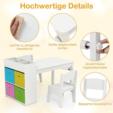 Дитячий столик та 2 стільці DREAMADE з полицями та контейнерами для зберігання, дерев'яний дитячий куточок для малювання та ігор в дитячу кімнату (Білий)