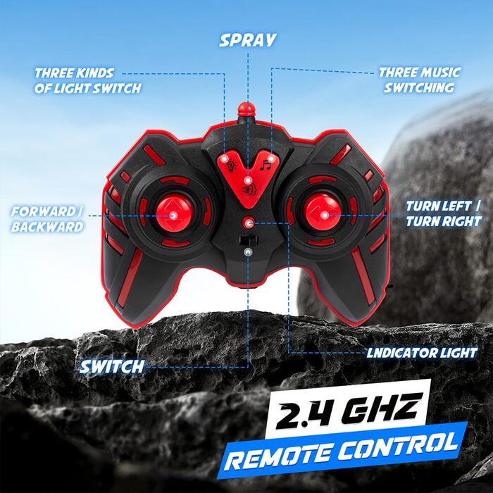 Радіокерований позашляховик Динозавр 1:16 RC Monster Truck з розпилювачем, музикою, LED-підсвіткою, 2.4GHz, 20км/год для дітей від 3 років