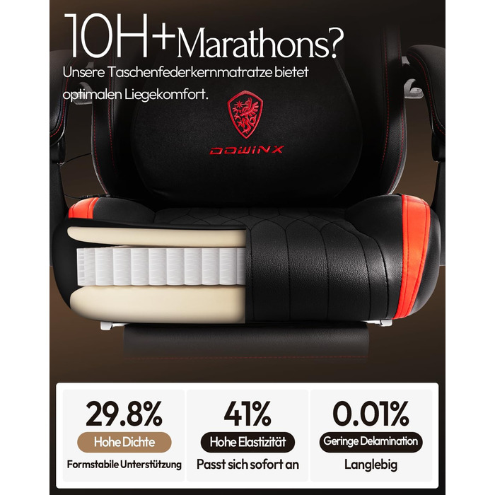 Ігровий крісло Dowinx з масажем, ергономічний дизайн, підтримка попереку та шиї, до 135 кг, шкіра, чорний (червоний)