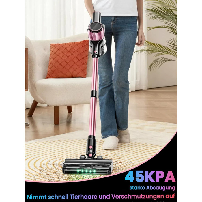 Бездротовий акумуляторний пилосос 45000Pa/500W/45хв з LED дисплеєм та антизаплутана насадка, висувний шланг 73см для твердих поверхонь, килимів та шерсті тварин, рожевий