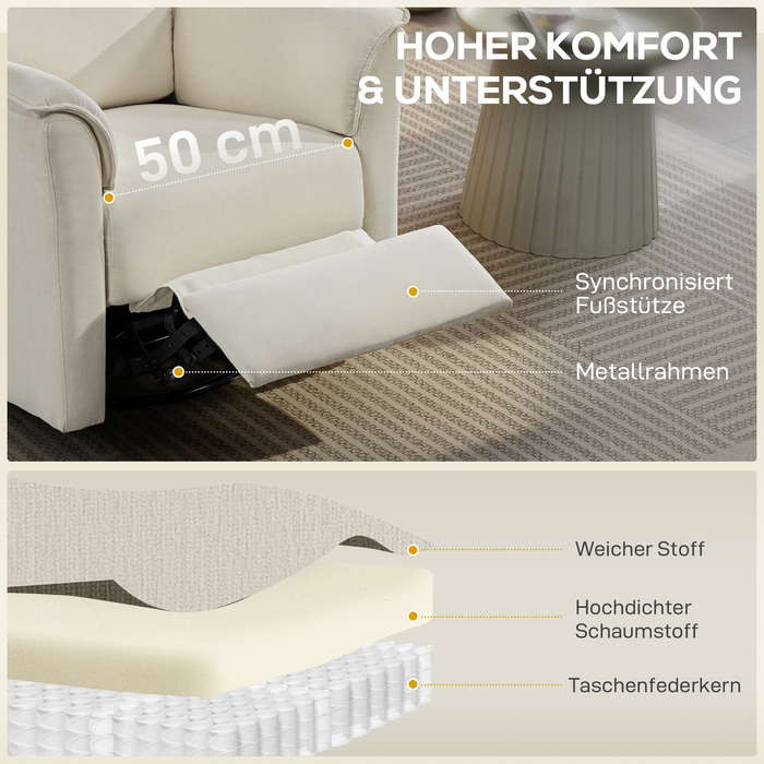 Крісло-релакс з електроприводом та регульованою спинкою та підголівником, ідеальне для вітальні. Колір: кремовий.