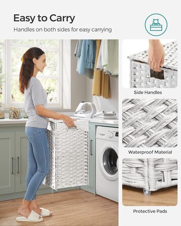 Кошик для білизни Songmics з кришкою, 90 л, з 6 мішечками, з плетеного ротанг, для ванної кімнати, 33 x 46 x 60 см