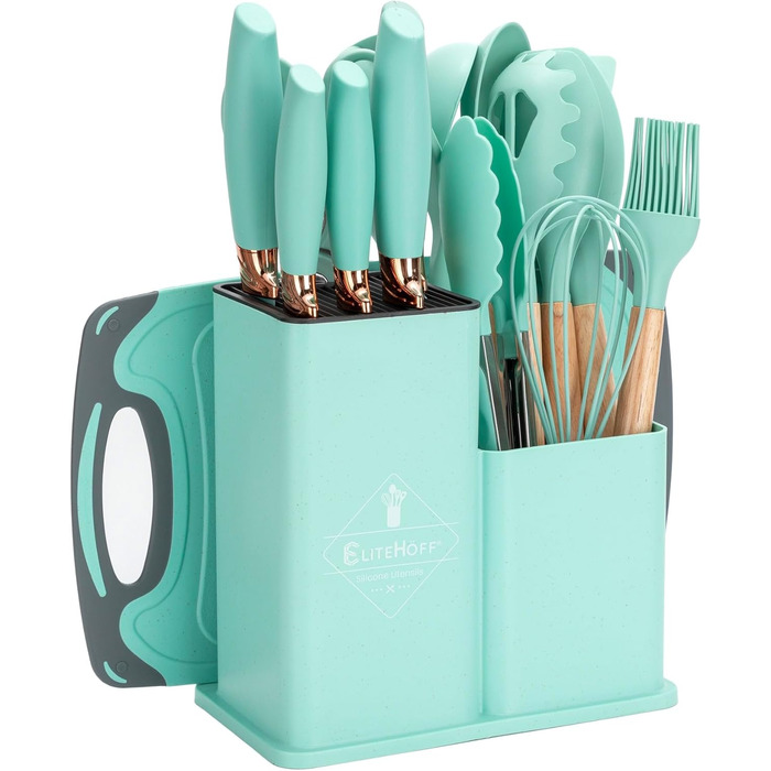 Набір кухонних ножів EliteHoff 19 предметів: 5 ножів, 12 кухонних аксесуарів, дошка для нарізання та підставка. Зручні дерев'яні ручки, силіконові аксесуари, безпечні для харчових продуктів, придатні для миття в посудомийній машині, чорний (E-6073)