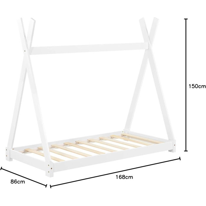 Ліжко дитяче Onejda від en.casa, Tipi-дизайн, 80x160 см, з натурального дерева, біле