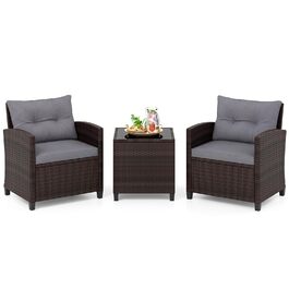Садовий набір меблів COSTWAY з ротангу 3 предмети: 2 крісла, стіл зі скляною стільницею, подушки. Меблі для балкона, тераси, саду, для 2 осіб, коричнево-сірий