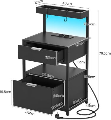 Набір тумбочок AOGLLATI LED, зарядна станція, 2 висувні ящики, USB та розетки, чорний 40x30x79.5см