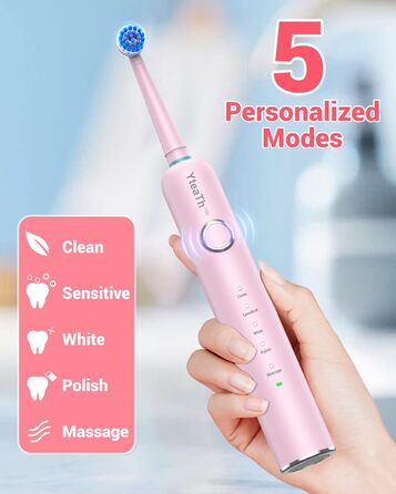 Електрична зубна щітка ротаційного типу для дорослих та дітей з 8 насадок, зарядний пристрій з підставкою на стіну, 5 режимів чищення та дорожній футляр, 60 днів роботи від акумулятора (рожевий)