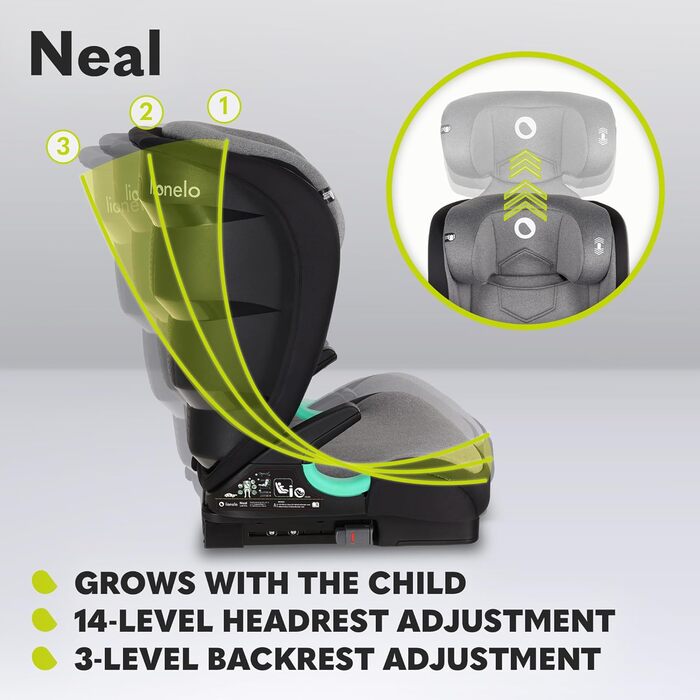 Дитяче автокрісло LIONELO Neal 15-36кг, Isofix, бічні протектори, маркування i-size, регульована спинка в 3 напрямках, регульований по висоті підголівник, система вентиляції (сірий)