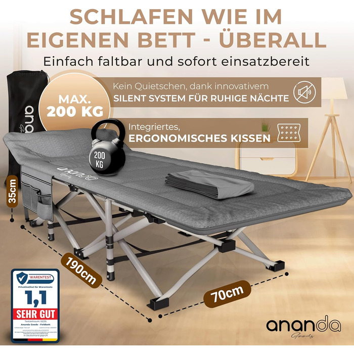 Розкладне похідне ліжко Feldbett з матрацом та простидлом з бавовни, кемпінгове ліжко для дорослих 190x70 см, витримує до 200 кг