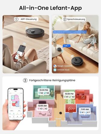 Робот-пилосос LEFANT M2 Pro з вологою тканиною, 5000Pa, лазерна навігація, LiDAR dToF, 150 хв, розпізнавання килимів, керування через додаток/голос, для видалення шерсті тварин, чорний