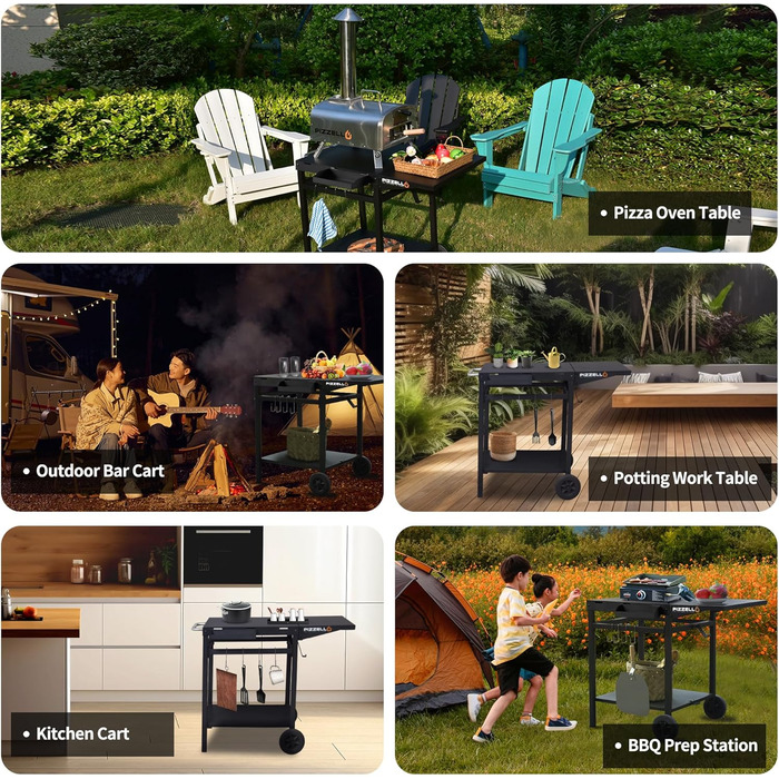 Гриль-візок PIZELLO з підготовчою станцією: візок для гриля, піца-стіл, сервірувальний візок з коліщатками, гачки, ручка, трансформована робоча поверхня, чорний