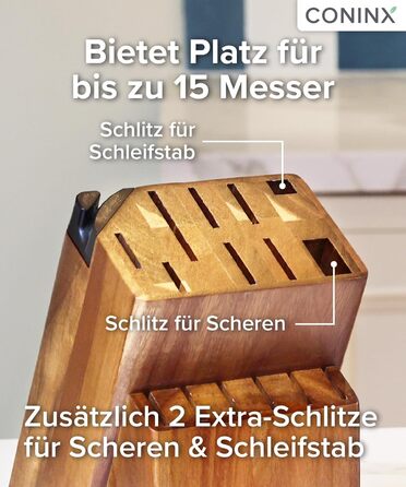 Блок для ножів Coninx Universal з інтегрірувачем – Тримач для ножів з акації на 15 слотів – Стійкий підставка для кухонних ножів, хлібного ножа, ножа для стейка та ножиць, коричневий з інтегрірувачем