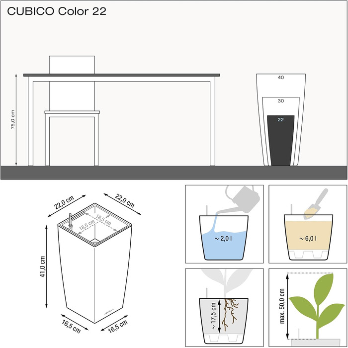 Горщик Lechuza Cubico 40 Комплект (Мускат, 22x22x41 см, Колір)