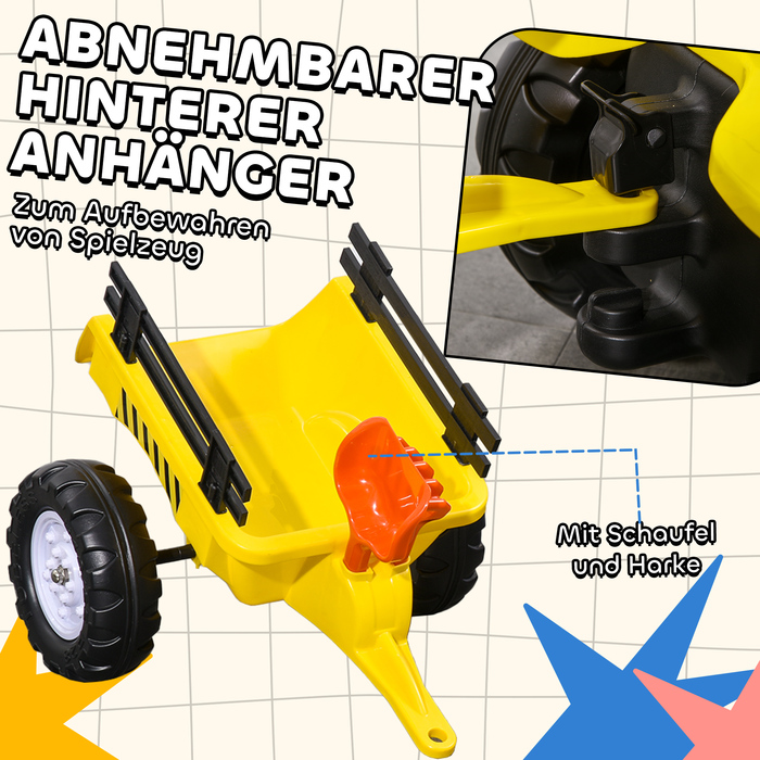 Трактор Trettraktor з причепом, інструментами, гудком, для дітей від 3 років, металевий каркас, чорно-жовтий, 133 x 42 x 51 см