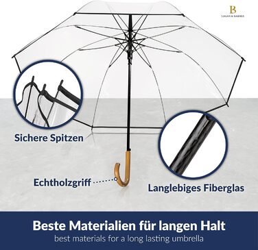 Прозора парасолька LOGAN & BARNES весільна ручка зі справжнього дерева Ø120см - модель CARDIFF (XL, прозора)