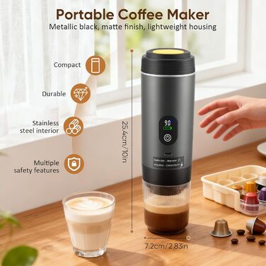 Hoyiyobi Міні кавомашина на акумуляторі, портативна еспресо-машина, 3-в-1 для дому, офісу та подорожей